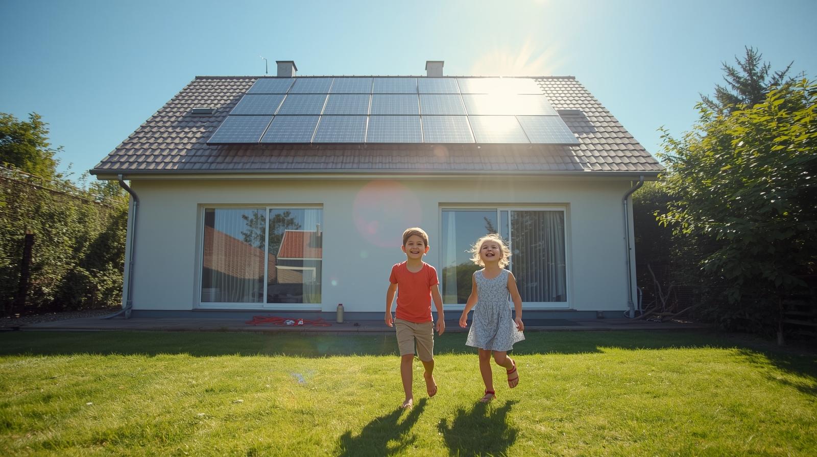 Kinder vor einem Einfamilienhaus mit PV-Anlage