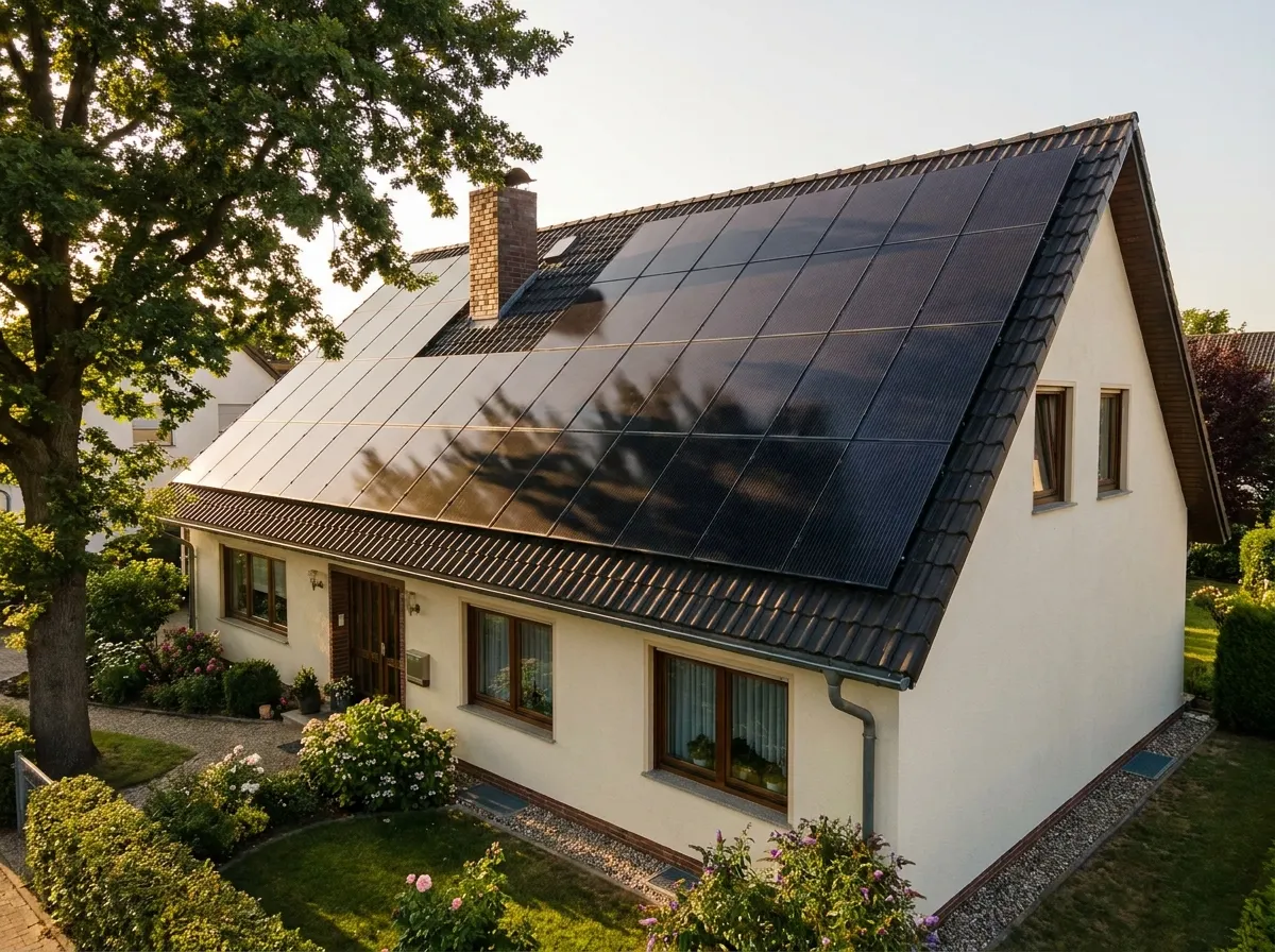 Teilverschattung auf vollschwarzen Solarmodulen eines Einfamilienhauses
