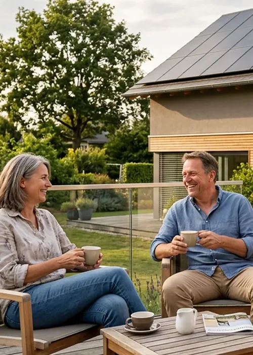 Lächelndes Paar mittleren Alters sitzt bei Kaffee auf der Terrasse vor einem modernen Einfamilienhaus mit Photovoltaikanlage auf dem Dach