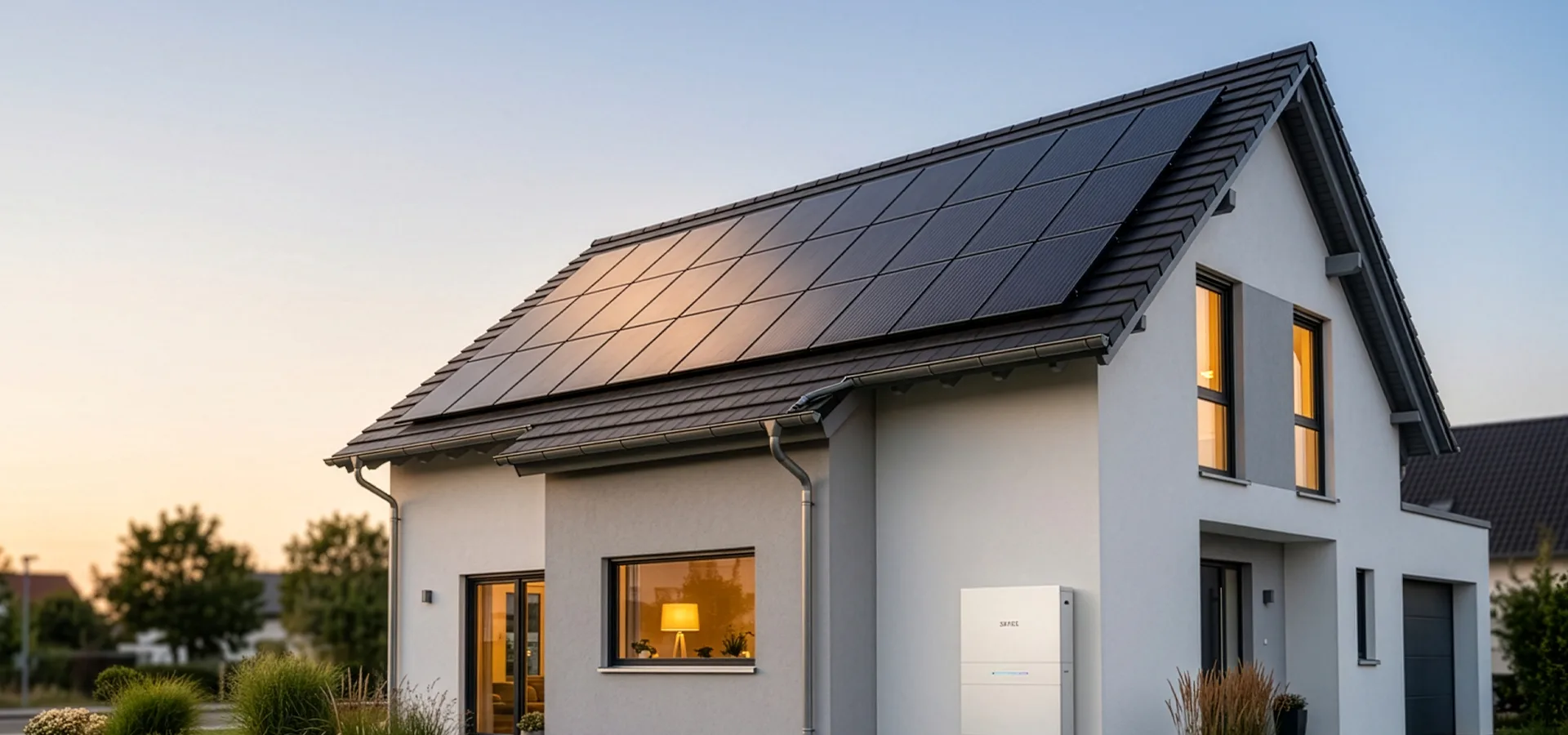 Einfamilienhaus mit PV-Modulen und Stromspeicher
