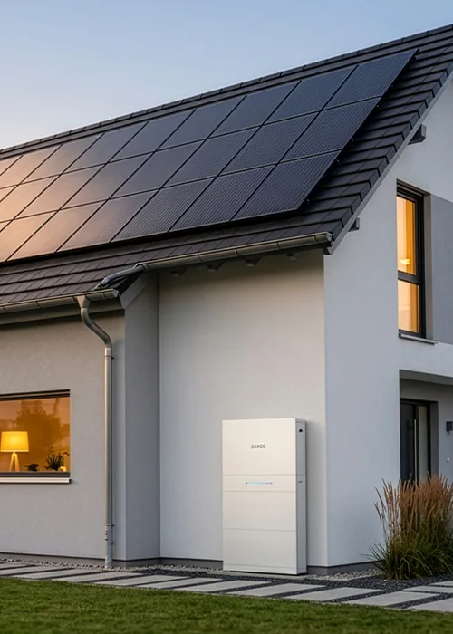 Einfamilienhaus mit PV-Modulen und Stromspeicher