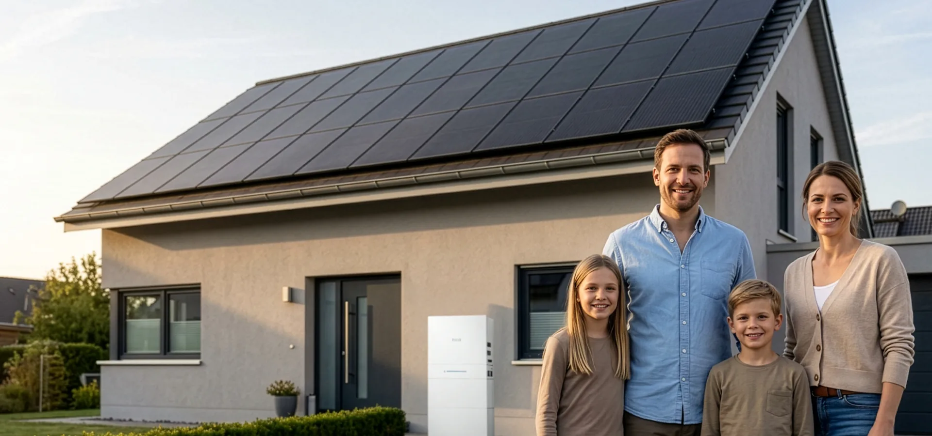Vierköpfige Familie vor ihrem modernen Einfamilienhaus mit Photovoltaikanlage und Stromspeicher im Abendlicht.