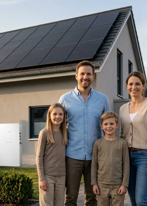 Vierköpfige Familie vor ihrem modernen Einfamilienhaus mit Photovoltaikanlage und Stromspeicher im Abendlicht.