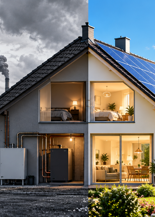 Einfamilienhaus im Vergleich: fossile Energie mit Industrieemissionen und Solarenergie mit Photovoltaikanlage“