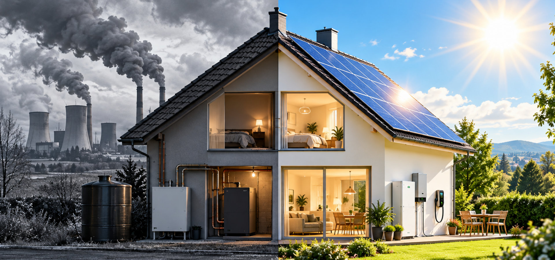 Einfamilienhaus im Vergleich: fossile Energie mit Industrieemissionen und Solarenergie mit Photovoltaikanlage“