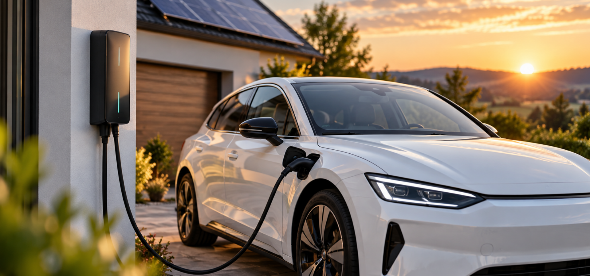 Weißes E-Auto vor einer Garage im Ladezustand durch Wallbox