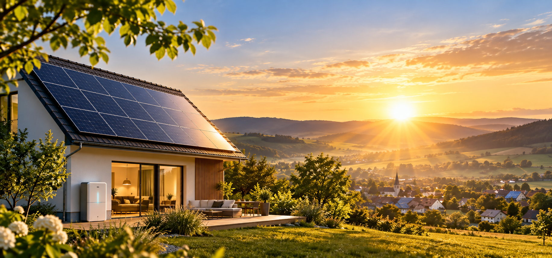 Einfamilienhaus mit Solarmodulen auf dem Dach, Sonne, Berge, Natur