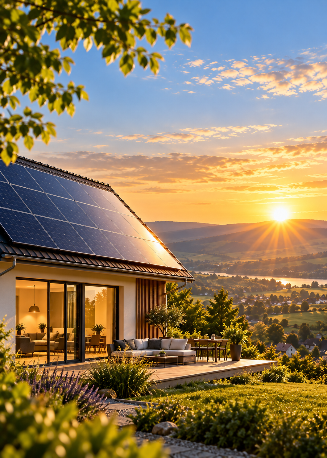 Einfamilienhaus mit Solarmodulen auf dem Dach, Sonne, Berge, Natur